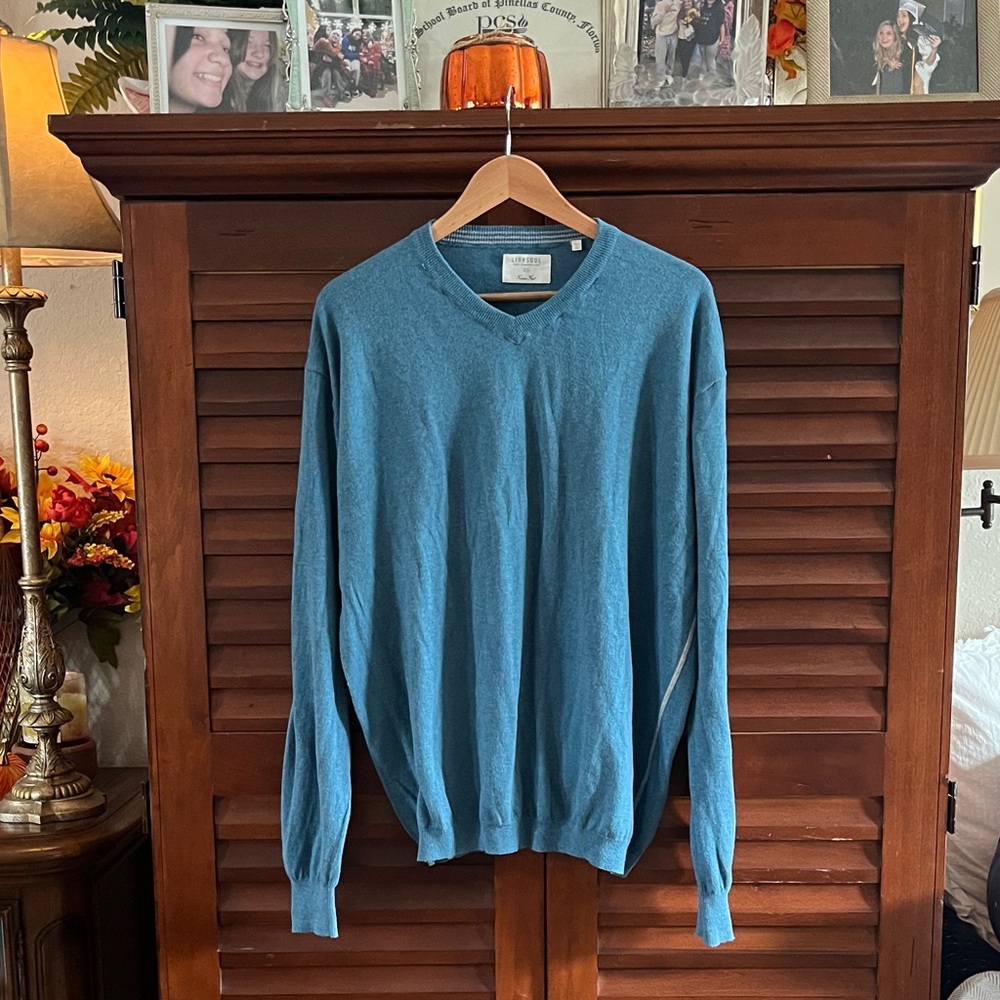 Linksoul John Ashworth Co Men's Blue V-Neck Sweater XL Tempus Fugit cashmere